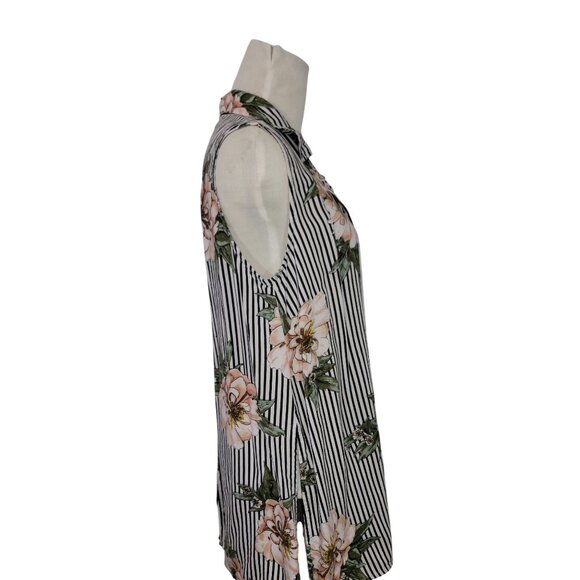 Sleeveless Floral & Stripe Button Down Blouse Collared Tunic XL By Live 4 Truth - Picture 10 of 12